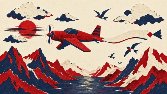 Lítil rauð flugvél flýgur yfir firði og fjöll með langan auðan flugmiða í eftirdragi og kríur fljúga með.