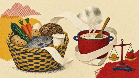Innkaupakarfa með gúrku, kartöflum, gulrótum, fiski, rúgbrauði og eggjum; langur auður kassastrimill vefst um pott og vog vegur mynt á móti epli.