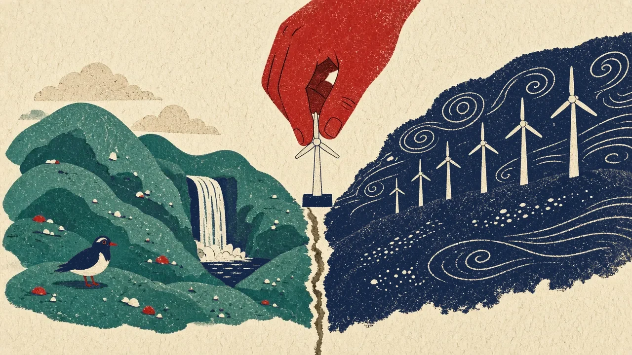 Dalur klofinn í tvennt: mosavaxin heiði með fugli og fossi öðrum megin, vindmyllur á dökkum hrygg hinum megin, og hönd setur litla vindmyllu á markalínuna.
